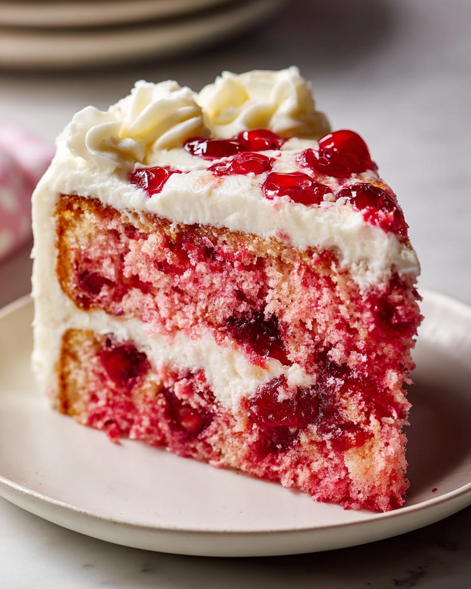Close-up of a moist slice of pink cherry cake layered with white cream frosting and topped with cherry filling.
