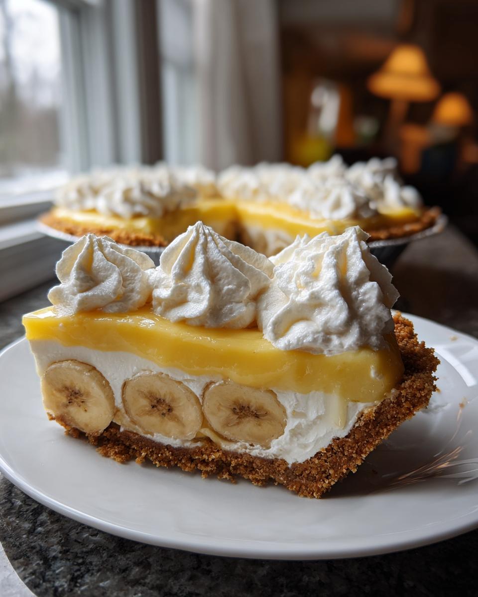 A close-up slice of rich banana cream pie showing layers of crust, bananas, cream, and custard, topped with whipped cream.