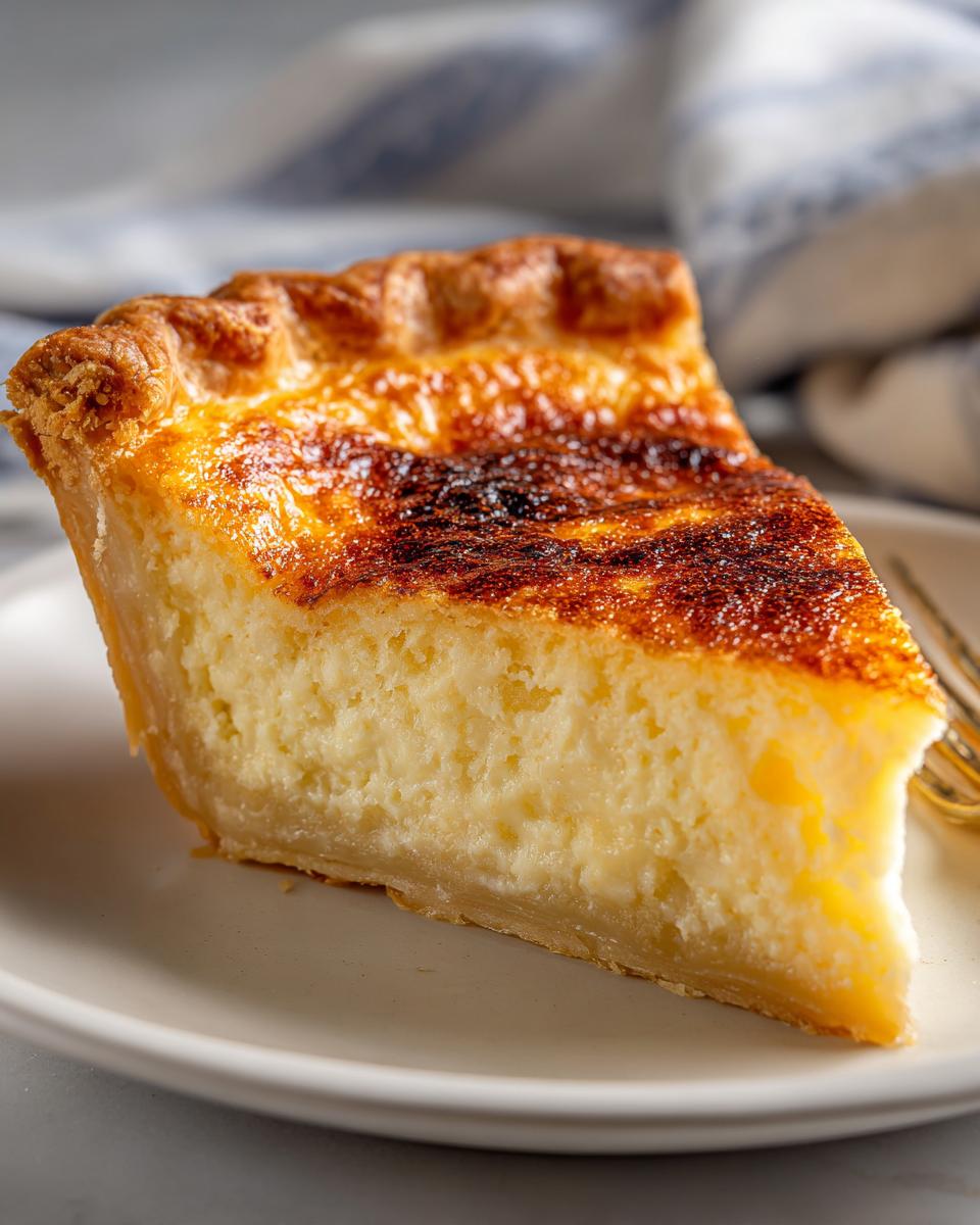 A close-up shot of a thick slice of buttermilk pie showing the creamy filling and caramelized top.