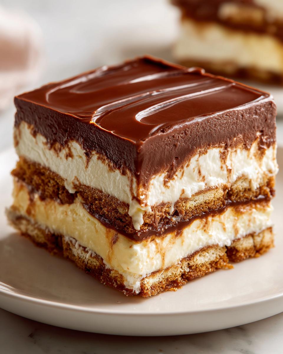 Close-up of a square slice of chocolate eclair cake showing layers of graham crackers, vanilla cream, and chocolate frosting.