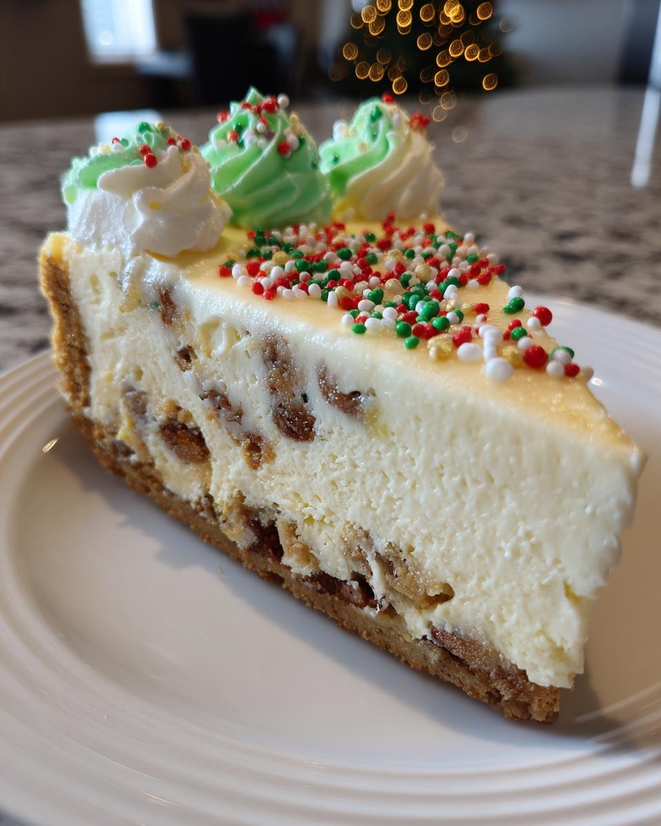 A festive slice of christmas tree cheesecake topped with red, green, and white sprinkles and whipped cream swirls.