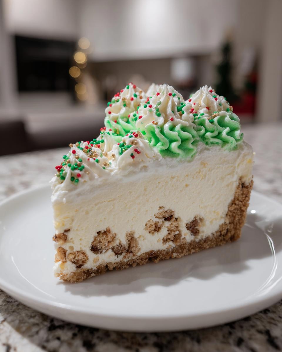 A close-up of a slice of creamy christmas tree cheesecake topped with green and white frosting swirls and holiday sprinkles.