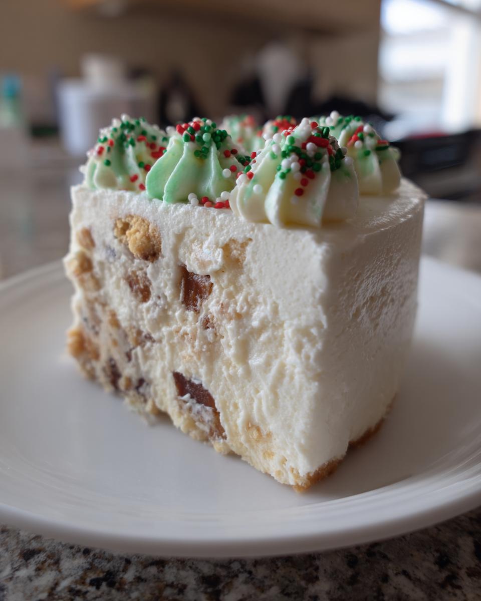 A close-up of a slice of creamy Christmas tree cheesecake topped with green and white frosting swirls and red/green sprinkles.