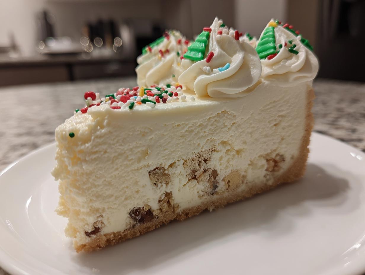 A close-up slice of creamy christmas tree cheesecake topped with white frosting swirls and holiday sprinkles.
