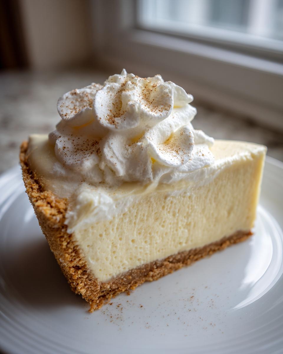 A perfect slice of creamy eggnog pie with a graham cracker crust, topped with whipped cream and nutmeg.