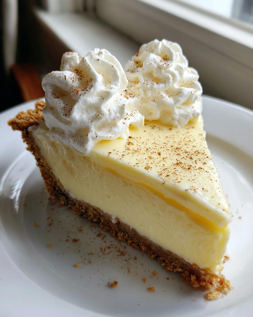 A perfect slice of creamy eggnog pie with a graham cracker crust, topped with whipped cream and nutmeg.