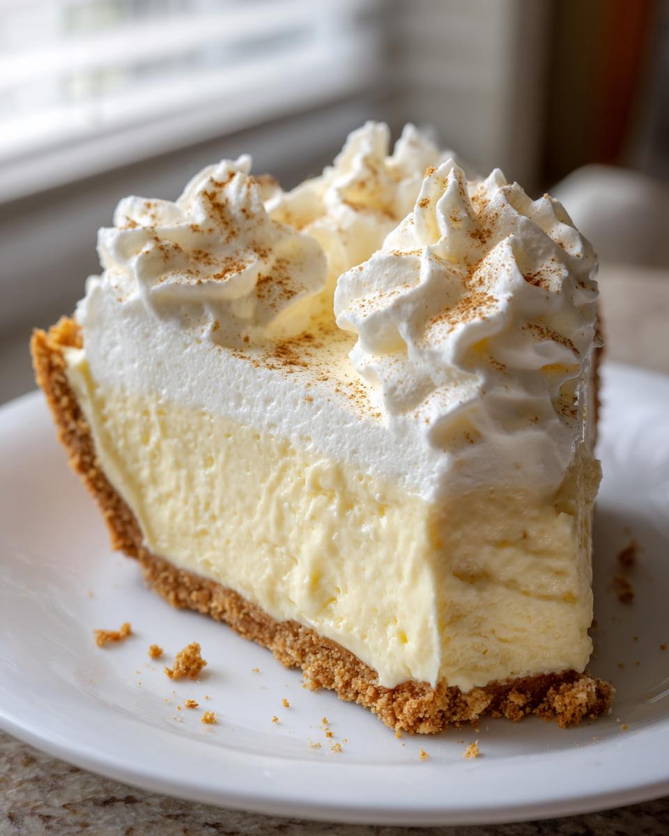 A thick slice of creamy eggnog pie with a graham cracker crust, topped with whipped cream and cinnamon.