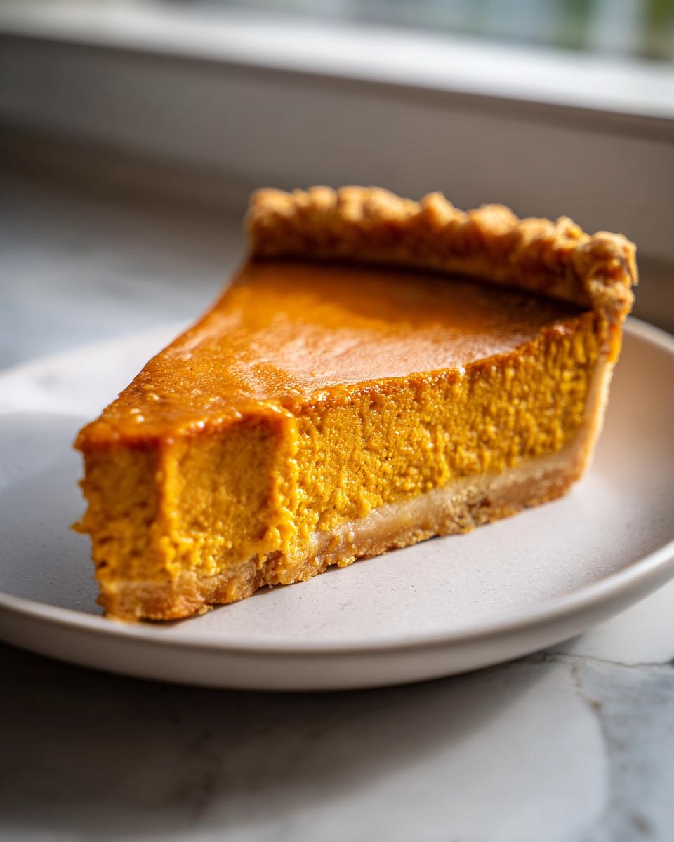 A close-up of a thick slice of easy pumpkin pie showing the vibrant orange filling and crimped crust.