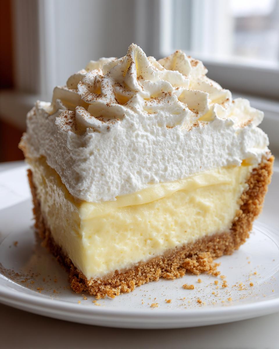 A thick slice of creamy, yellow eggnog pie with a graham cracker crust, topped with whipped cream and nutmeg.