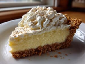 A perfect slice of creamy eggnog pie with a graham cracker crust, topped with whipped cream and nutmeg.