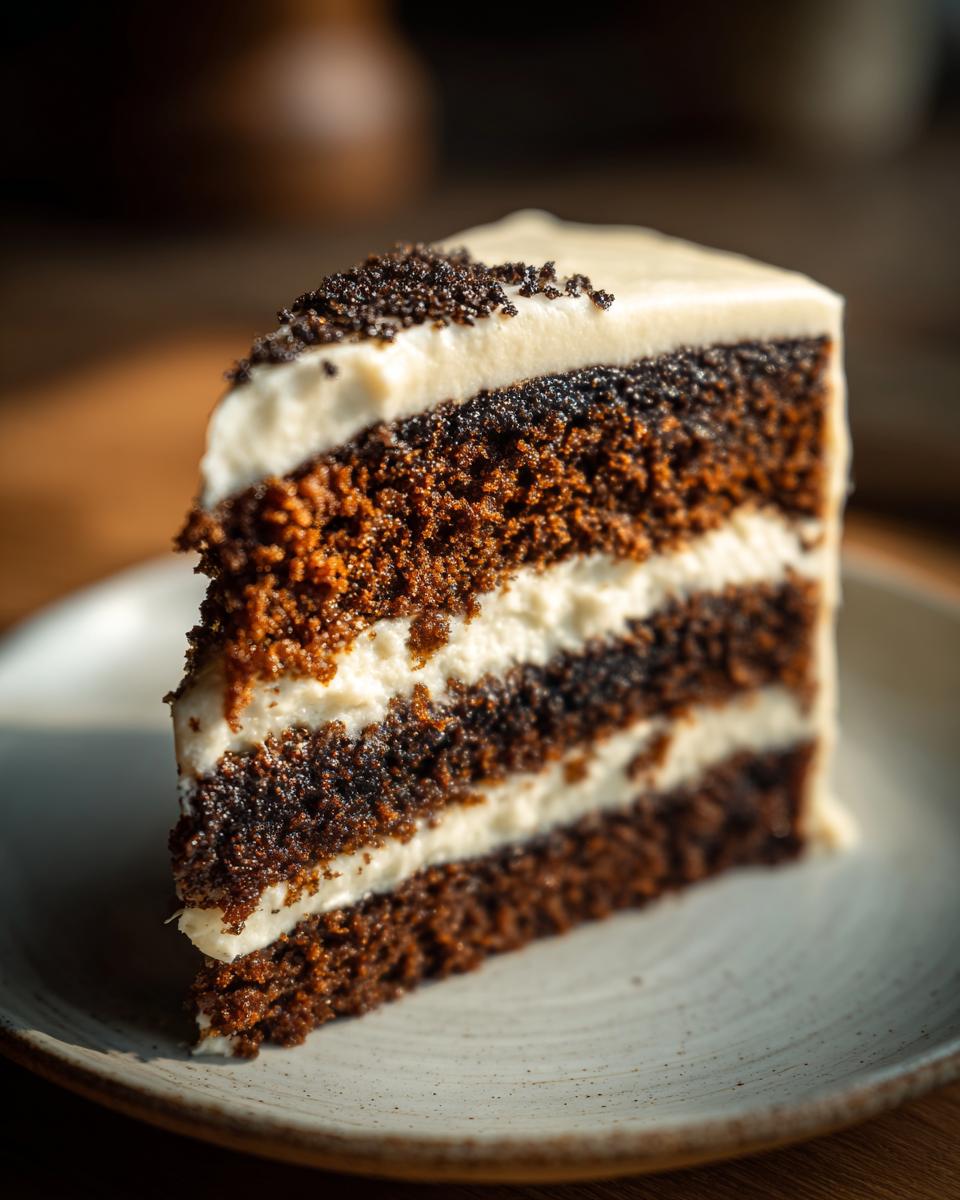 Close-up of a moist slice of gingerbread latte cake with three dark layers and white cream cheese frosting.