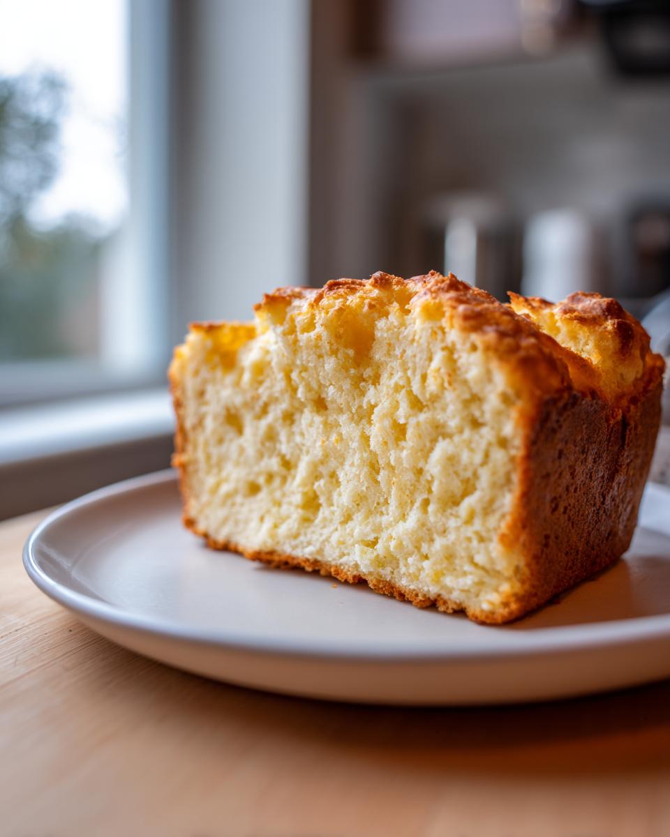 A thick slice of golden brown beer bread with a fluffy interior, served on a white plate.