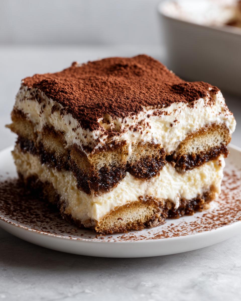 A close-up of a perfectly layered slice of tiramisu recipe on a white plate, dusted heavily with cocoa powder.