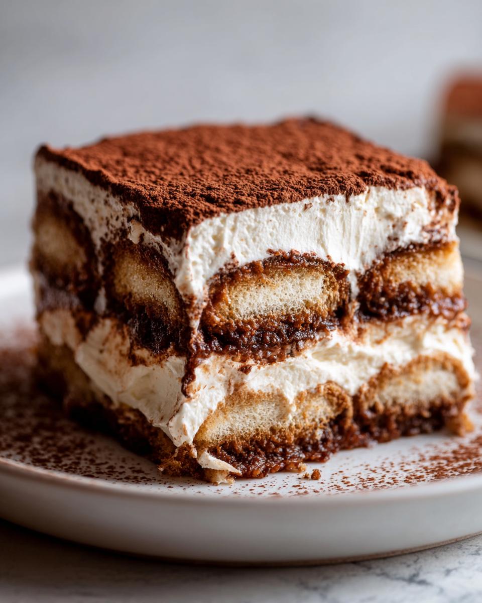 Close-up of a perfect slice of tiramisu recipe showing layers of cream, coffee-soaked ladyfingers, and cocoa powder.