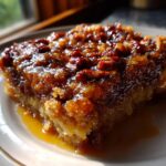 Close-up of a gooey, caramelized slice of pecan pie cobbler recipe on a white plate.