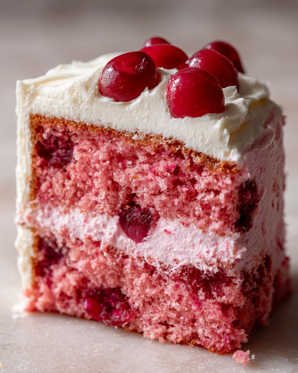 Close-up of a moist slice of pink cherry cake layered with cream and topped with whole cherries.