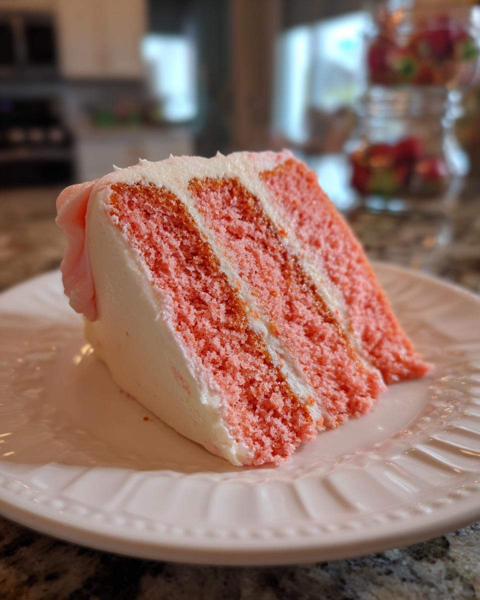 A close-up of a moist slice of pink strawberry cake layered with white frosting on a decorative white plate.