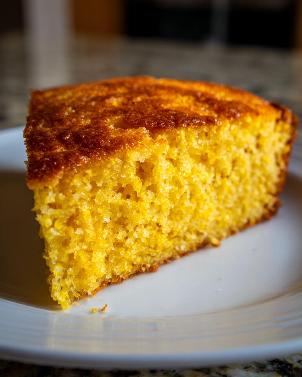 Close-up of a moist, bright yellow slice of skillet cornbread served on a white plate.