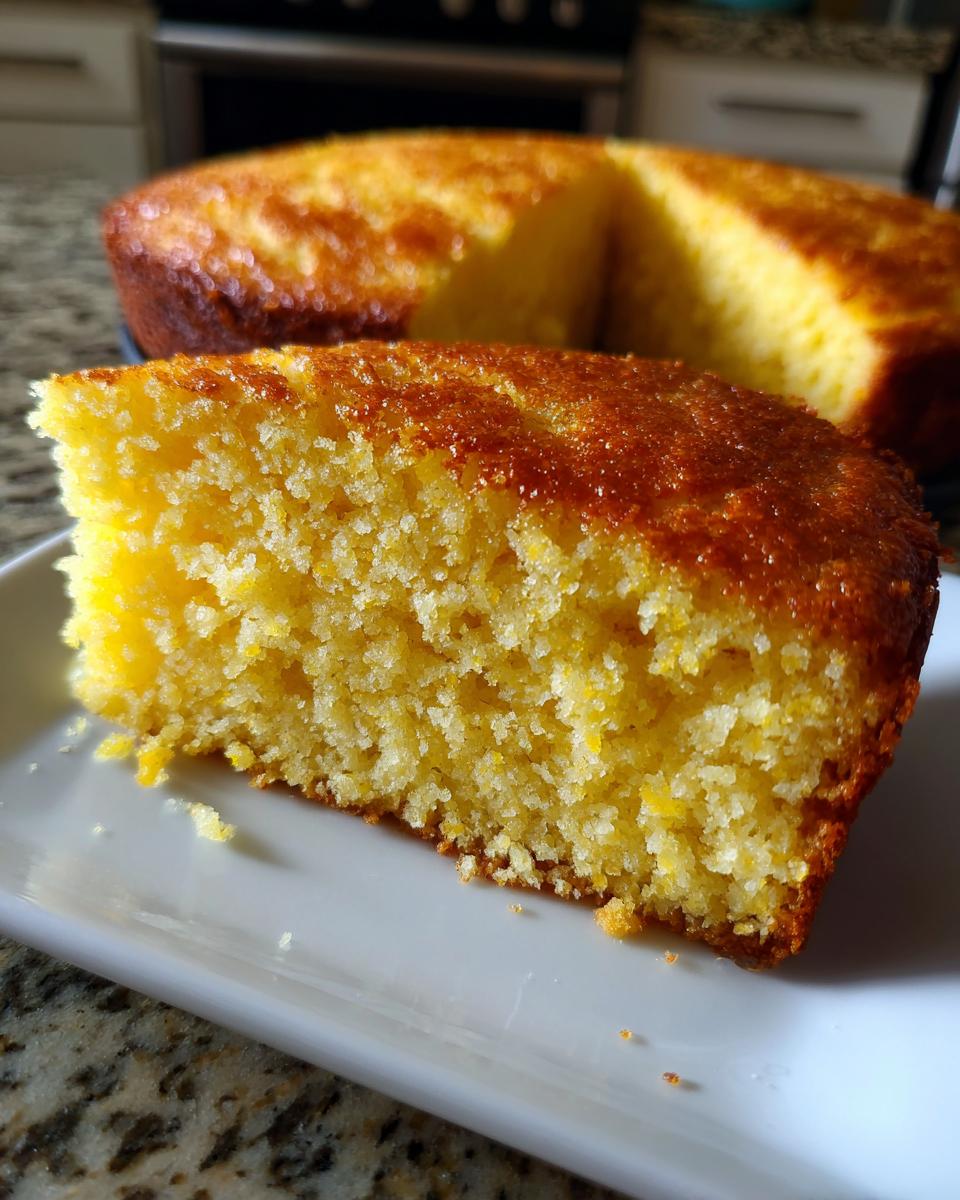 Close-up of a moist slice of golden skillet cornbread showing its crumb texture and dark, caramelized crust.