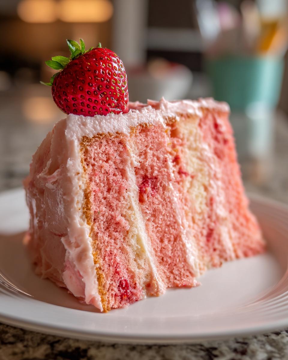 A tall slice of pink strawberry cake with white frosting, topped with a whole fresh strawberry.