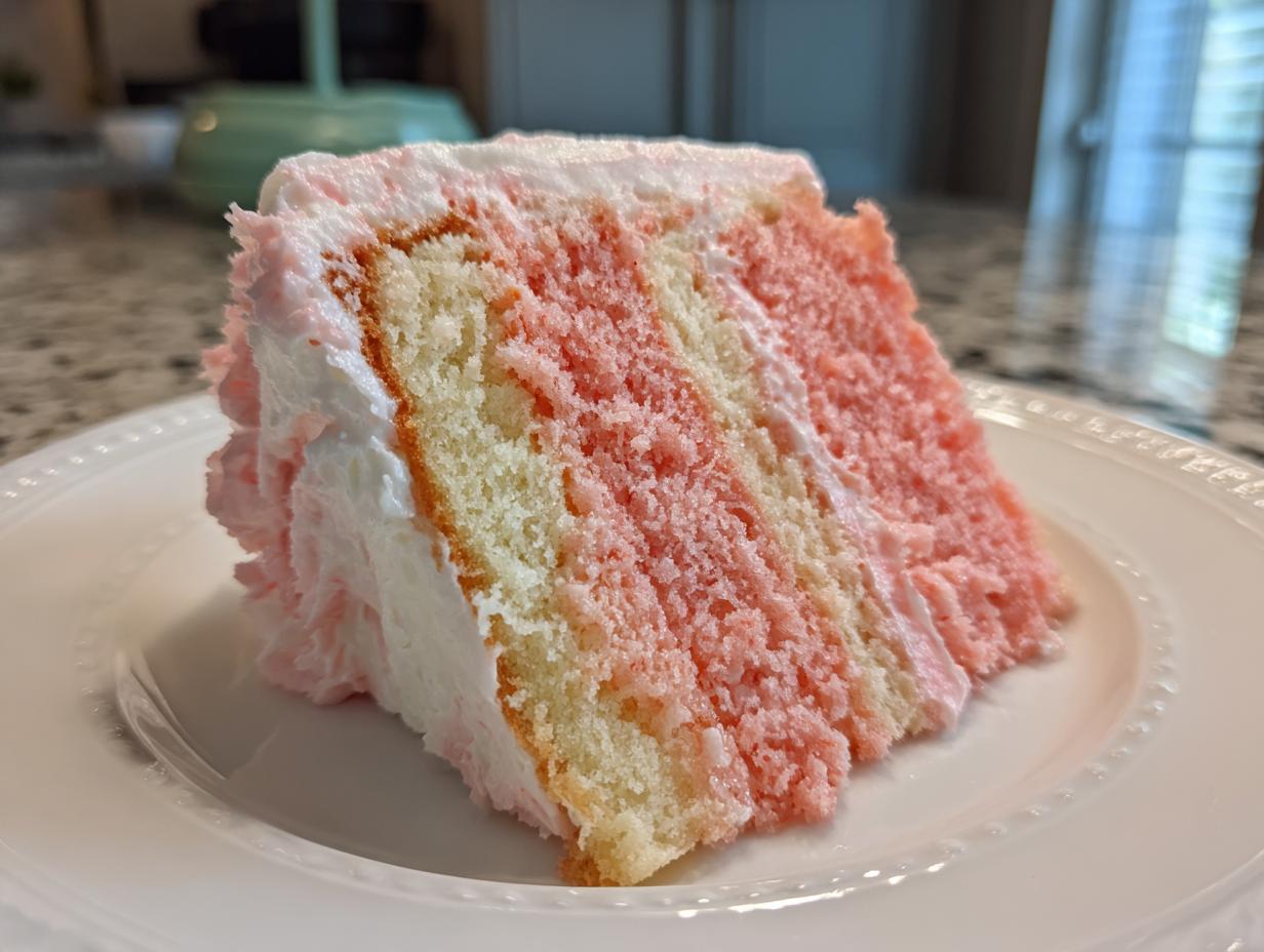 Close-up of a moist slice of strawberry cake showing alternating pink and white layers with white frosting.
