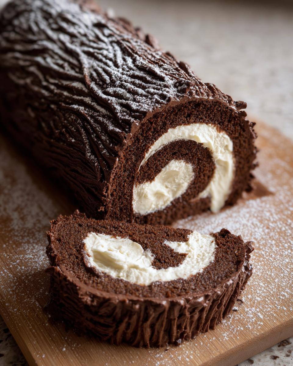 A rich chocolate yule log cake, partially sliced, revealing a beautiful swirl of white cream filling, dusted with powdered sugar.