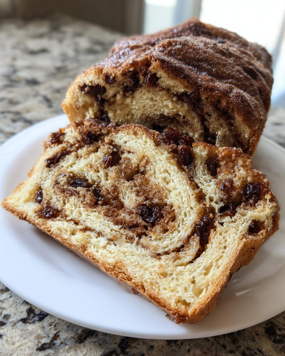 A thick slice of homemade raisin bread showing a rich cinnamon swirl and plump raisins, next to the rest of the loaf.
