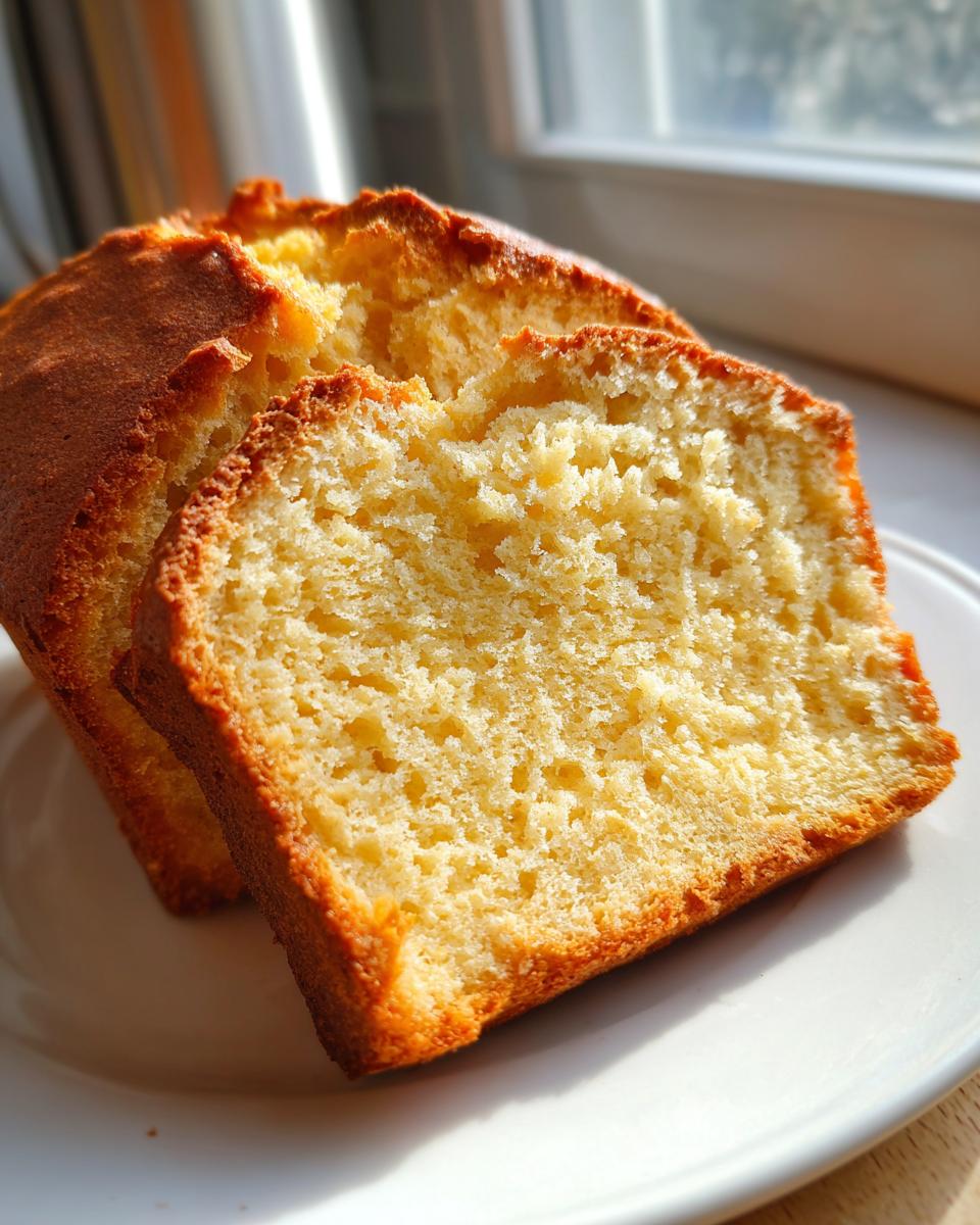 Close-up of two thick slices of golden-brown beer bread showing the soft, porous interior texture.