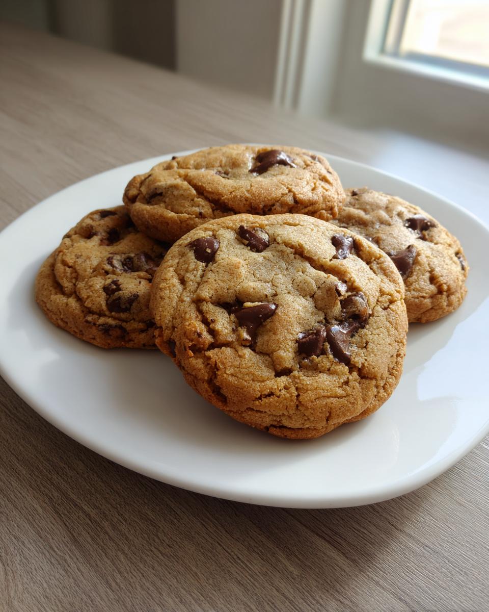 Four thick, soft chocolate chip pudding cookies stacked slightly on a white plate near a window.