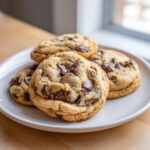 A stack of four thick, soft chocolate chip pudding cookies piled on a white plate near a window.
