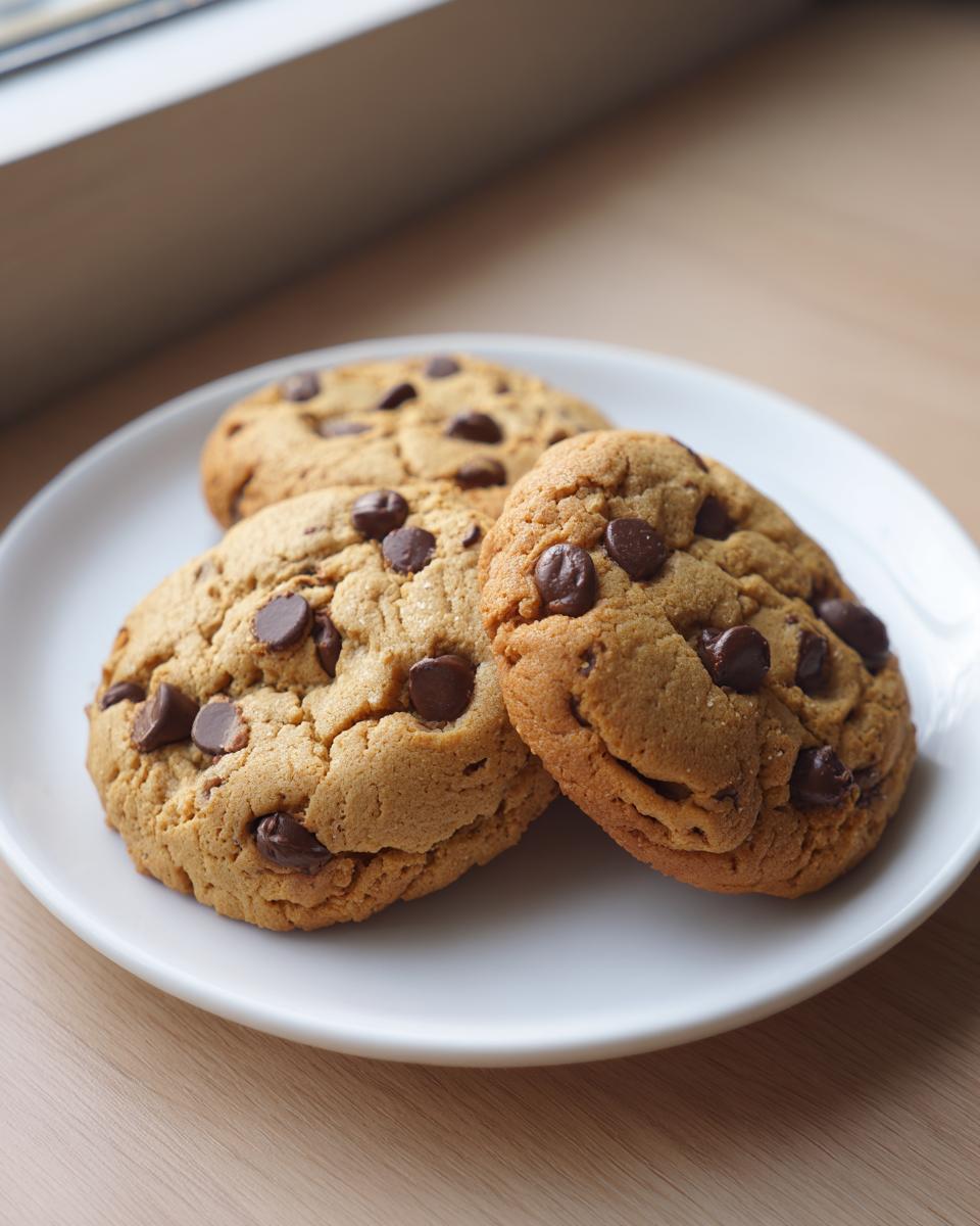 Three thick, soft chocolate chip pudding cookies stacked slightly on a white plate near a window.