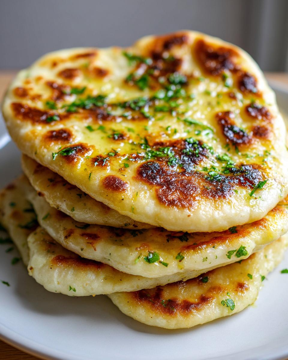 Close-up of a stack of four soft, fluffy naan bread pieces brushed with melted butter and topped with fresh green herbs.