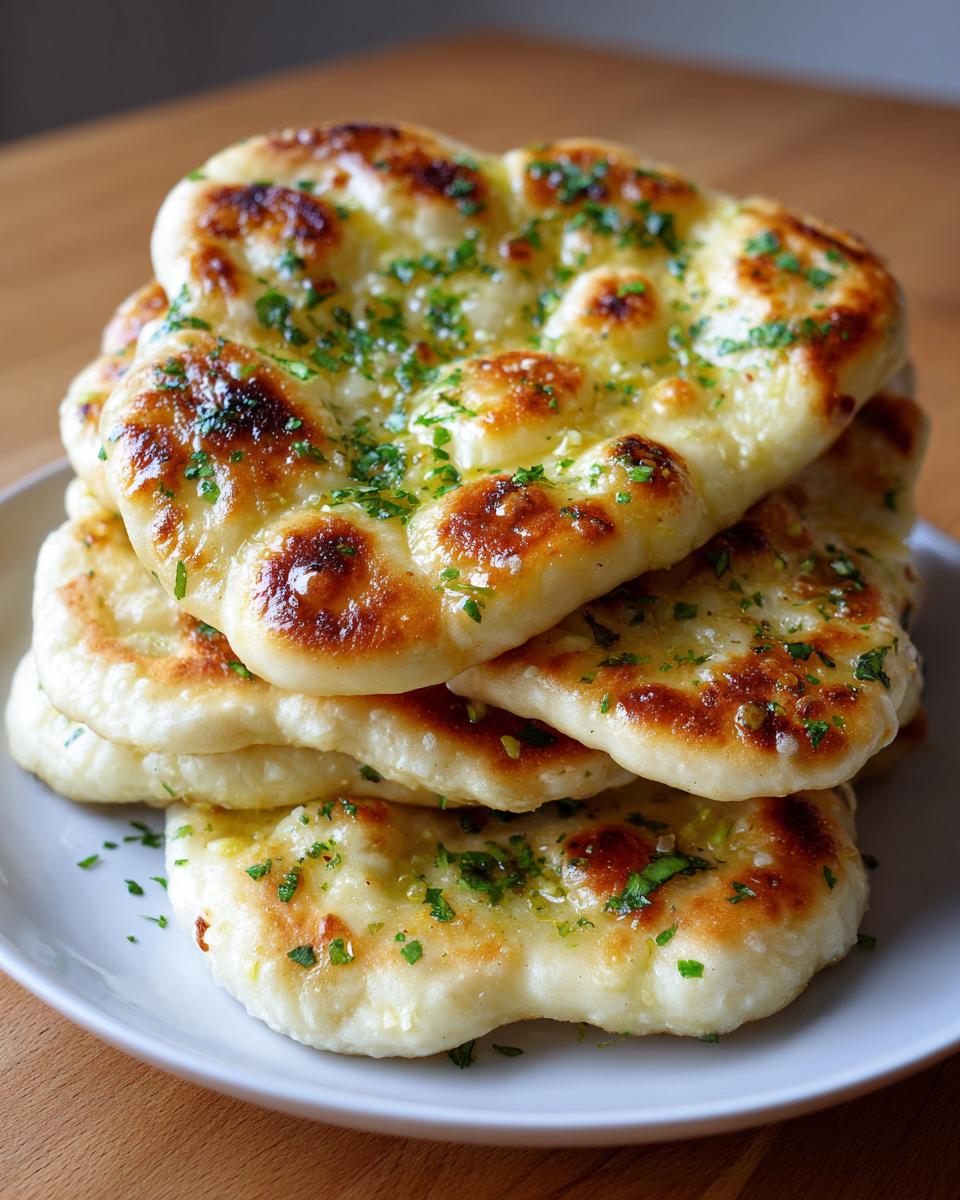 A stack of four soft, fluffy naan bread pieces brushed with melted butter and sprinkled with fresh green herbs.