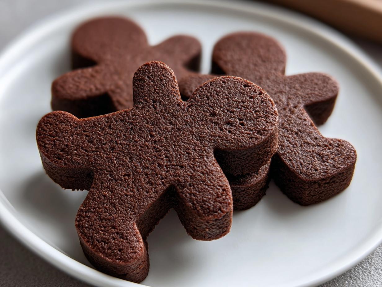 Close-up of several thick, dark brown soft gingerbread cookies shaped like gingerbread men stacked on a white plate.