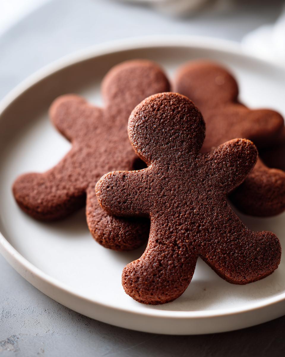 Close-up of several rich, dark brown, soft gingerbread cookies shaped like people on a white plate.