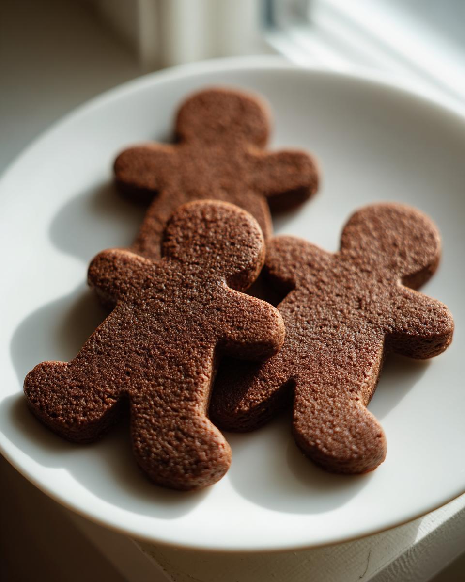 Three dark brown, soft gingerbread cookies shaped like people resting on a white plate near a window.