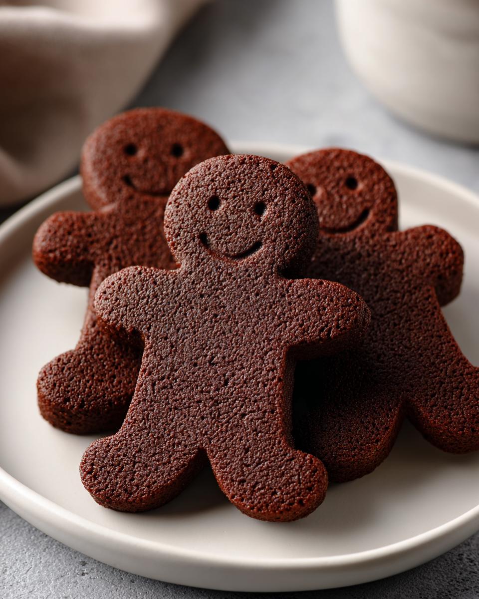 Three dark brown, soft gingerbread cookies shaped like people with simple smiley faces on a white plate.