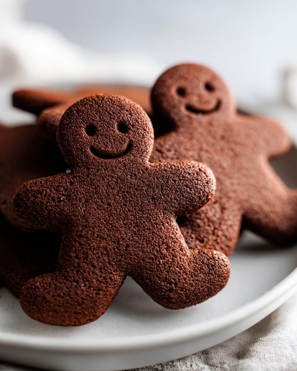 Close-up of two dark brown, soft gingerbread cookies shaped like people with simple smiley faces.