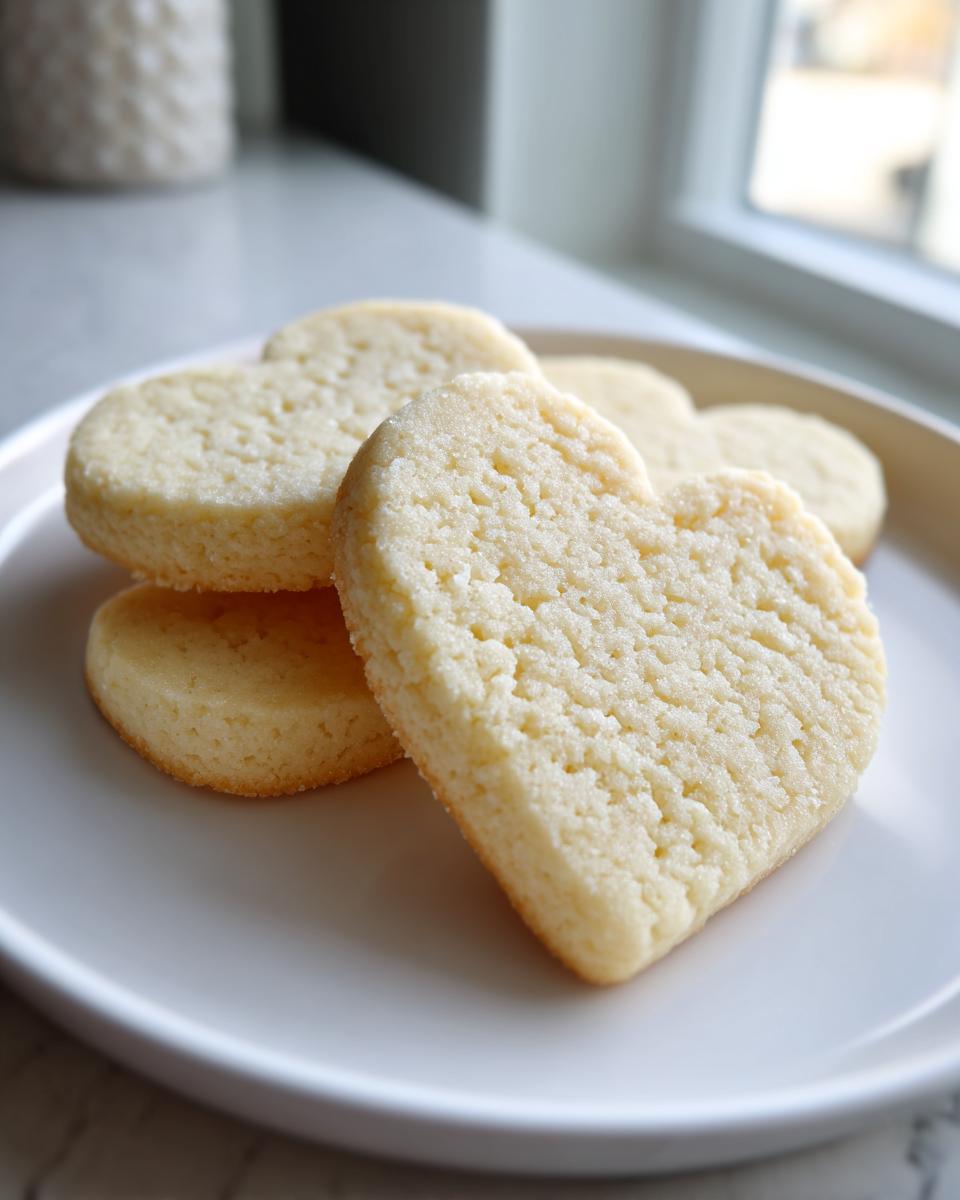 Close-up of several soft, heart-shaped sugar cookies stacked on a white plate near a window.