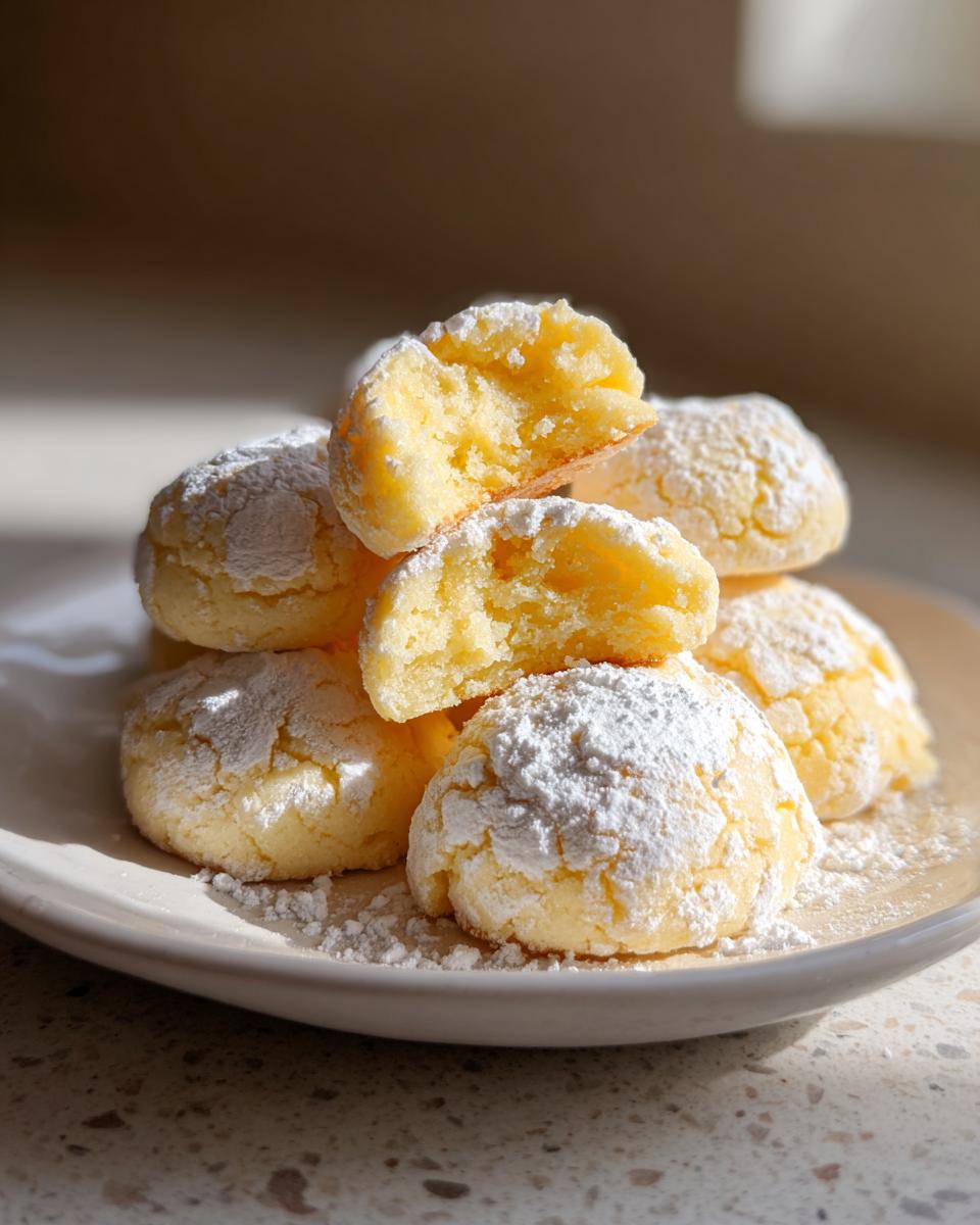 A stack of soft, yellow lemon cookies heavily dusted with powdered sugar, one cookie is broken open.