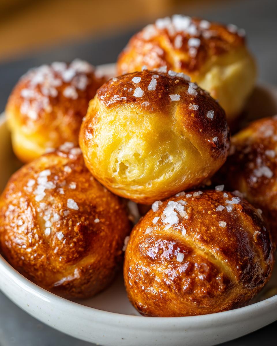 A close-up shot of several golden brown, shiny soft pretzel bites sprinkled with coarse salt, piled in a white bowl.