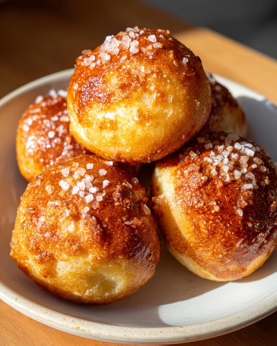 Close-up of several golden brown soft pretzel bites sprinkled generously with coarse salt.