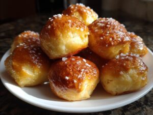 A pile of golden brown, glossy soft pretzel bites sprinkled with coarse salt, served on a white plate.