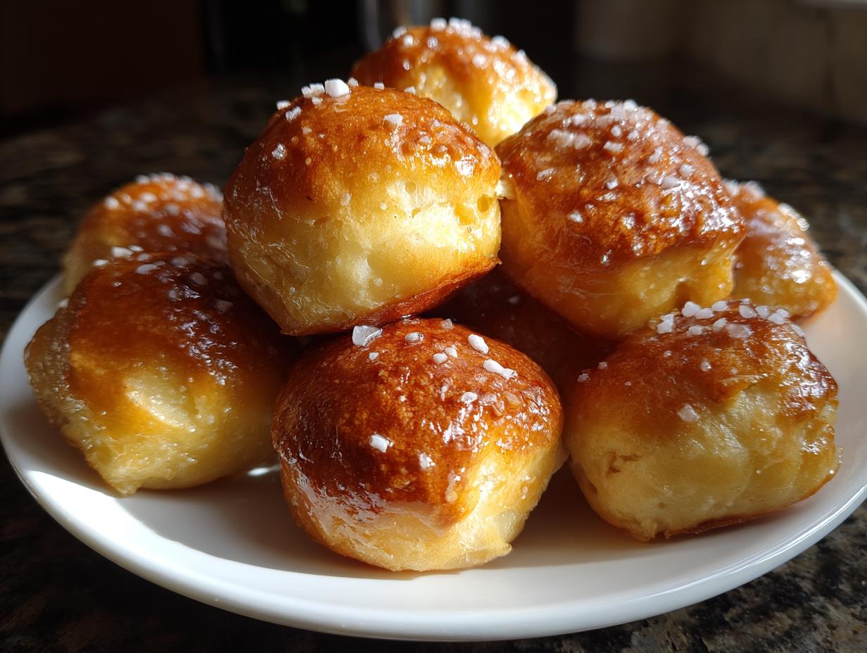A pile of golden brown, glossy soft pretzel bites sprinkled with coarse salt, served on a white plate.