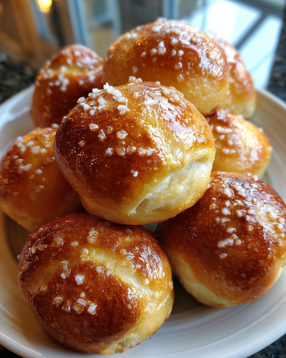 Close-up of a pile of freshly baked, glossy soft pretzel bites topped with coarse salt crystals.