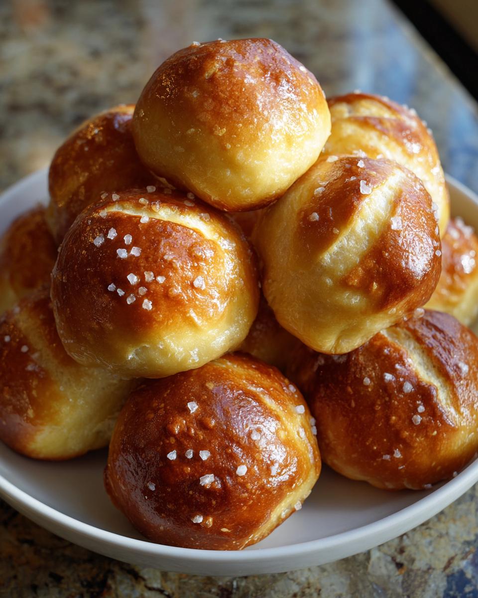 A close-up of a stack of freshly baked soft pretzel bites, glistening and topped with coarse salt.