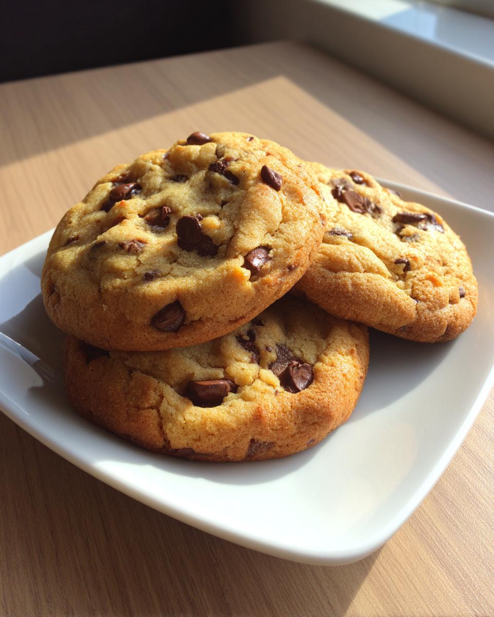 Three freshly baked, thick chocolate chip pudding cookies stacked on a white square plate.