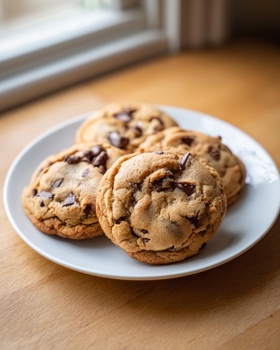 Four thick, soft chocolate chip pudding cookies stacked slightly on a white plate near a window.