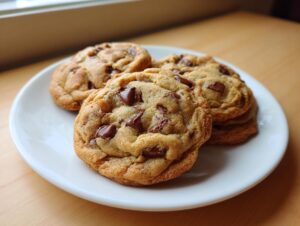 A stack of four soft, chewy chocolate chip pudding cookies resting on a small white plate near a window.