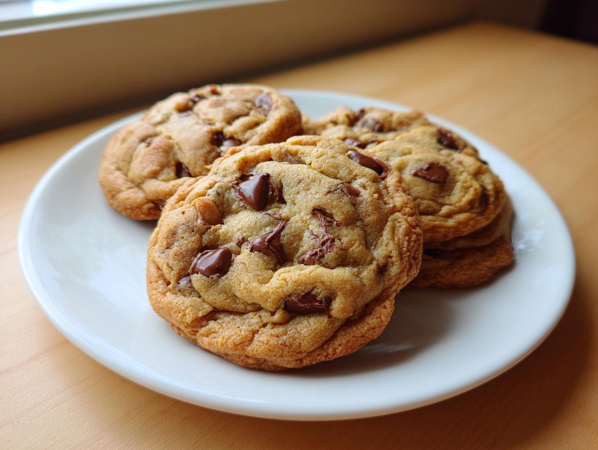 A stack of four soft, chewy chocolate chip pudding cookies resting on a small white plate near a window.